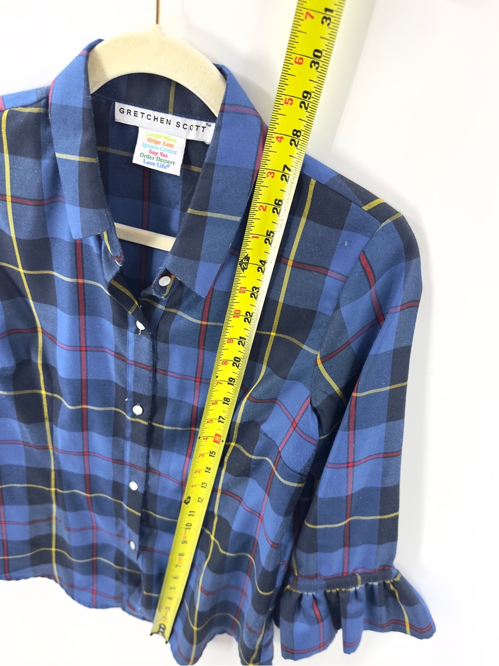 Gretchen Scott Duke Of York Priss Button Down Top Sz Medium Plaid Ruffle Sleeve - Picture 9 of 9